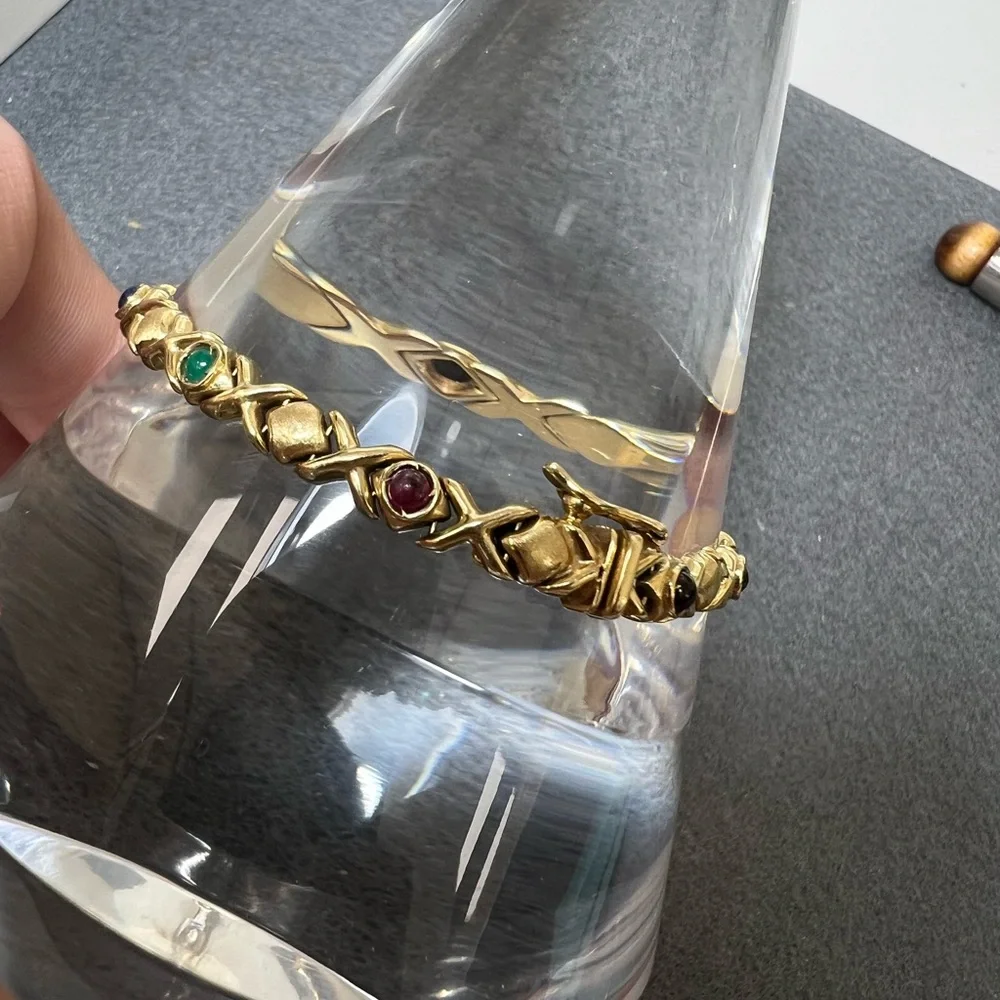 14K Gold Bracelet with Sapphires, Rubies and Emerald Cabochon Accents